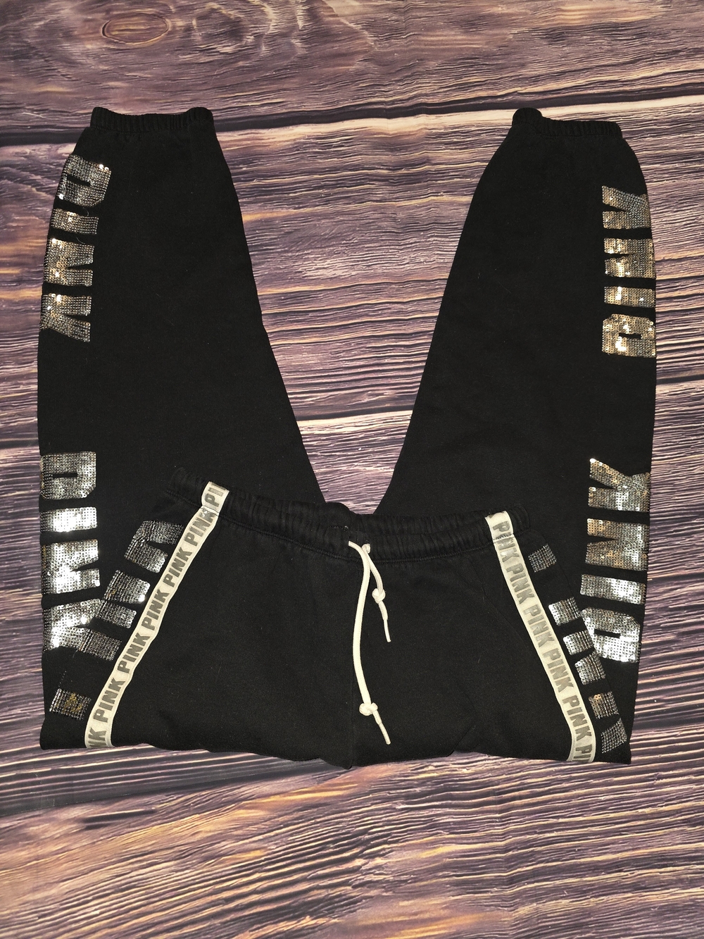 PINK Victoria's Secret Black Jogger Pants with Silver Sequin Logo